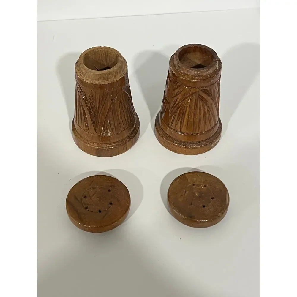 Vintage Hawaii Hardwoods Monkeypod Wood Salt Pepper Shaker Set‎ w Caddy Tiki MCM